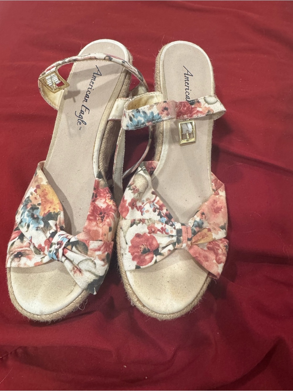 American Eagle Outfitters Floral Bow Wedge Sandals - Coral, Peach & Blue
